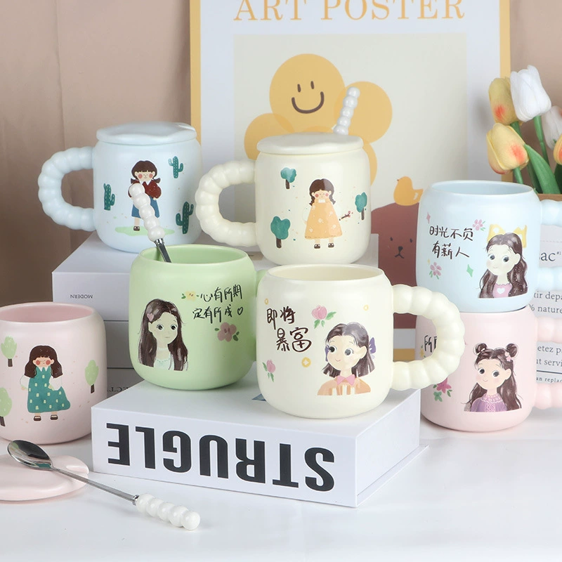 Cute girl Creative High -value Ceramic Cup Bringing a spoon of Mark Cup Office Coffee Cup Couple Cup Cup Cup wholesale
