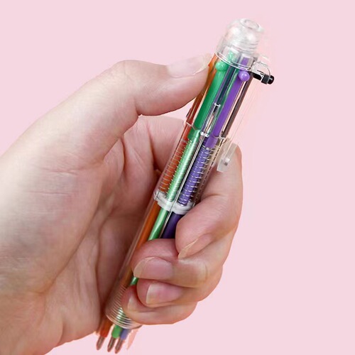 Creative transparent 6-color ballpoint pen, cute cartoon multi-color pen, multi-function press color oil-based pen wholesale