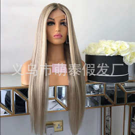 新款假发欧美风前蕾丝白金色长直发渐变色时尚女士化纤头套wigs