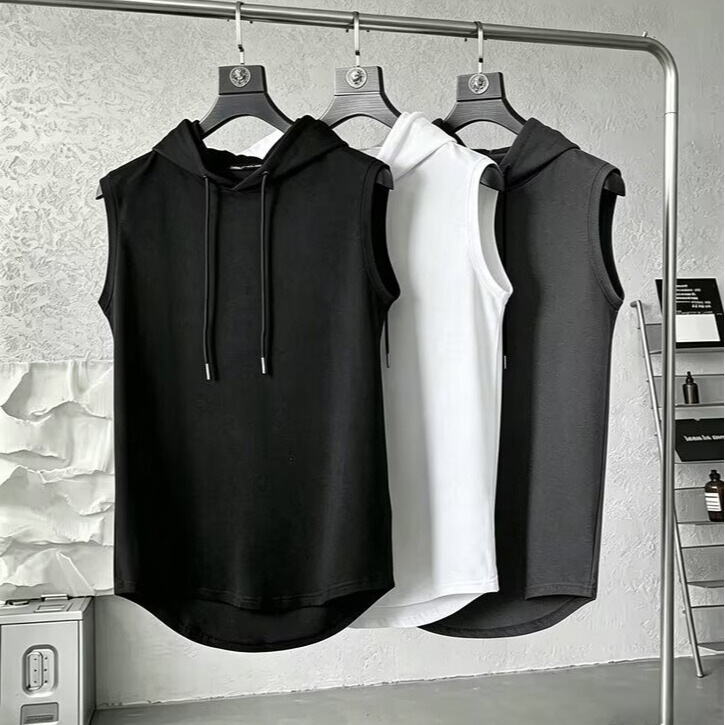 Summer Men's Sleeveless T-Shirt Sweatshirt, Solid Color Sleeveless Hoodie, Large Size Loose Solid Color Top, Trendy Versatile Vest