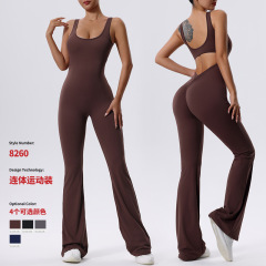 European and American-style yoga jumpsuit, running bra, fitness set with chest padding, sporty one-piece bodysuit, and wide-leg long pants