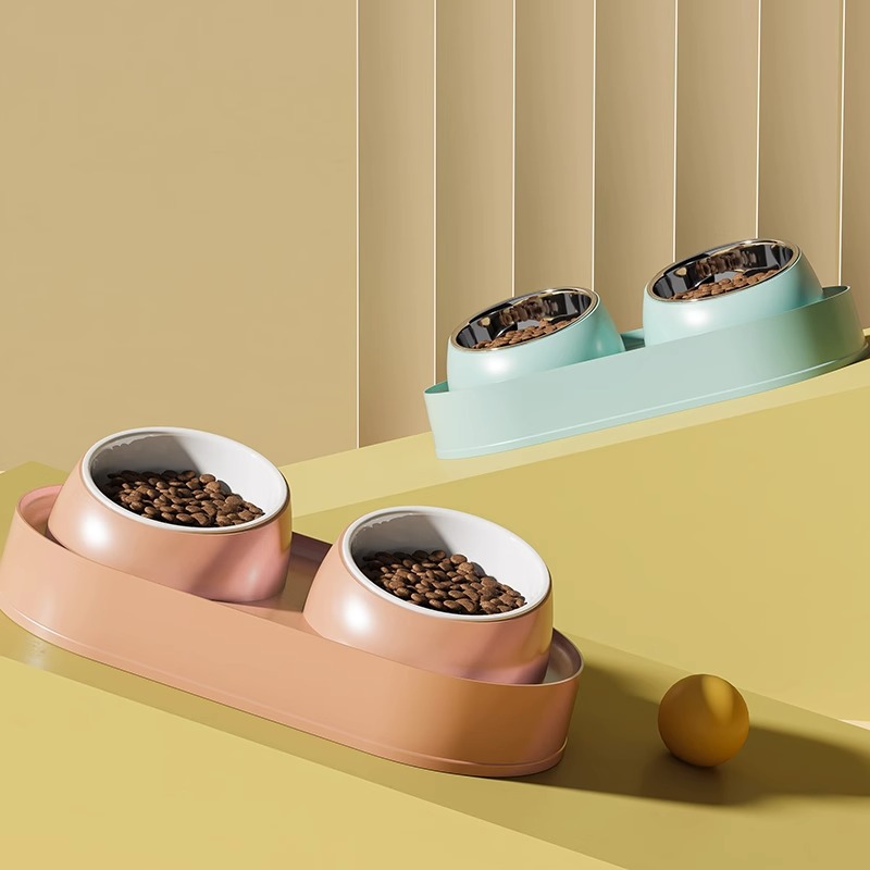 Transfronterizo a prueba de fugas de cerámica doble tazón perro tazón de alimentación de acero inoxidable gato tazón de fuente de comida para mascotas suministros de peluche