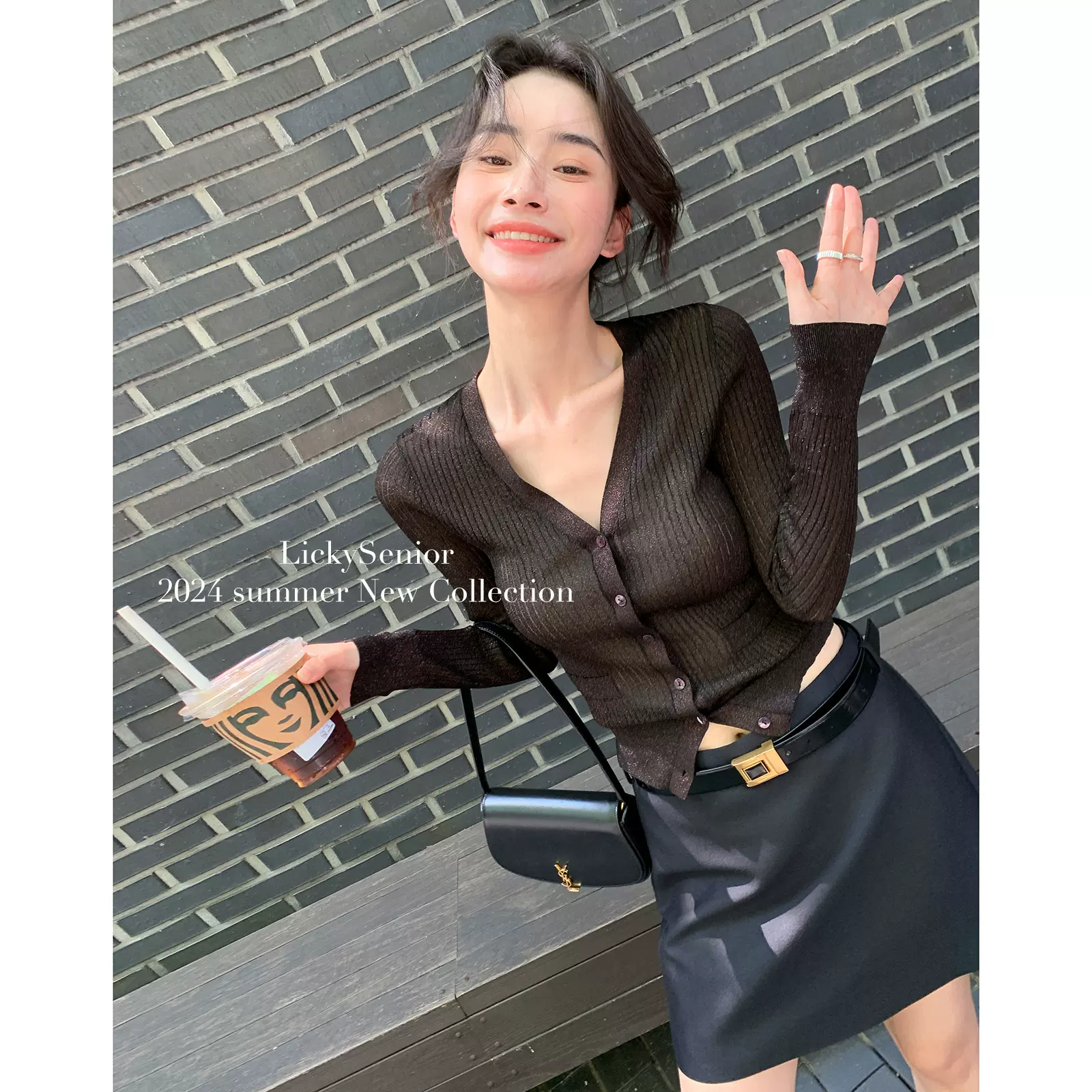 LICKYSENIOR 限量 意大利Isy 碎金水光纱针织开衫女V领单排扣上衣