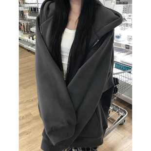 All-Match Coat Hooded Black Grey Sweatshirt Women's Vintage Spring and Autumn Thick Stylisch Loose Outdated Cheap Clothes