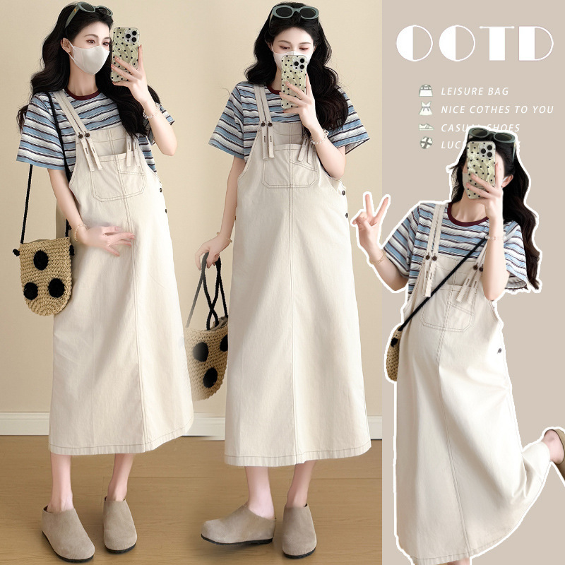 Real Shot of Fashionable and Elegant 2025 Summer New Dopamine Striped Short-Sleeved Korean Style Casual Suspender Skirt Maternity Suit