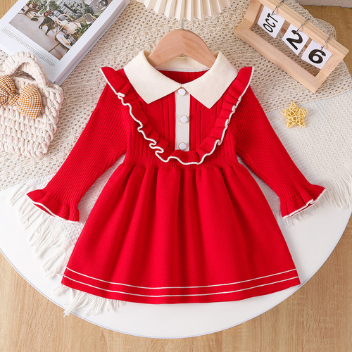 INS Bestselling Children's Knit Long Dress for Girls, Spring, Autumn, and Winter, Collar Knit Dress with Long Sleeves, Princess Dress, One-Piece Long Dress