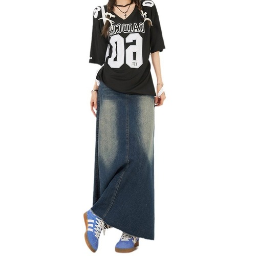 2407 Design Style Versatile Denim Skirt Women's Spring Summer Design Style Niche Hemline Mid-length Skirt