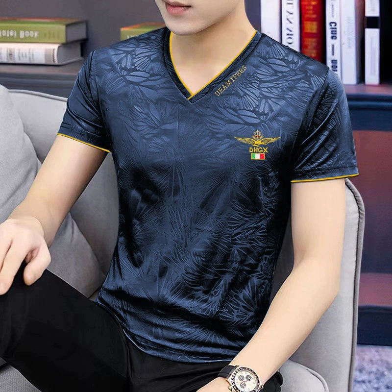 Новая Мужская футболка с короткими рукавами из ледяного шелка, однотонная летняя дышащая футболка с V-образным вырезом и вышивкой, большие размеры, мужская мода, высокого класса