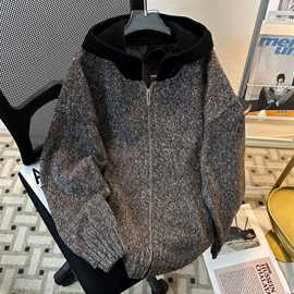 青春流行春秋季美式复古连帽开衫毛衣男宽松潮牌休闲针织衫外套潮