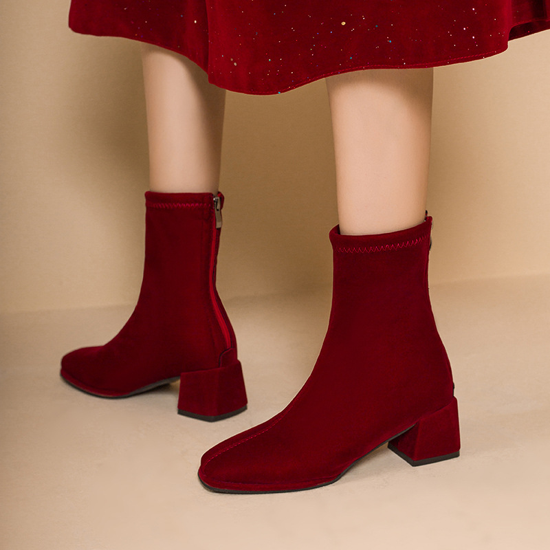 Women's Suede Square Toe Mid Heel Slim Fit Boots Plus Size Chunky Heel Elegant Short Boots For Winter Wedding Shoes_voghion.com