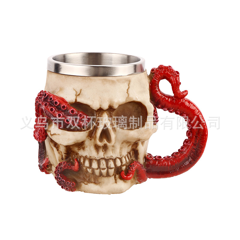 Taza de pie de pulpo rojo de Halloween transfronterizo 3D tridimensional alto pie cráneo pulpo resina de acero inoxidable copa de vino