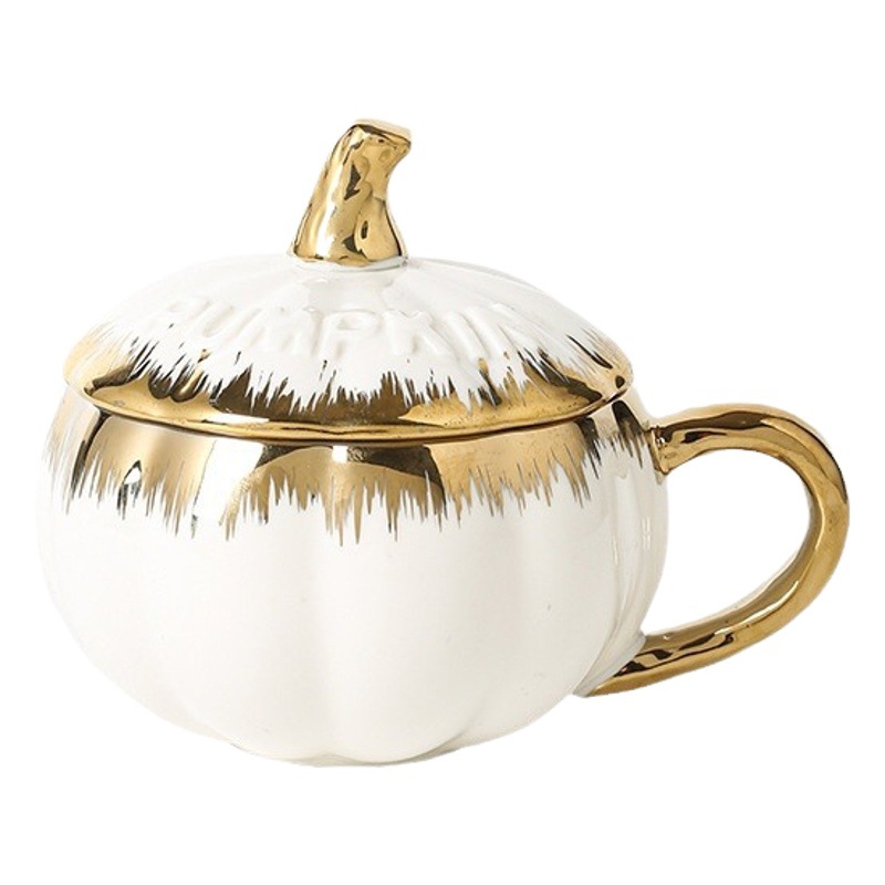 Taza de Cerámica Calabaza con Tapa y Cuchara, para Desayuno y Leche