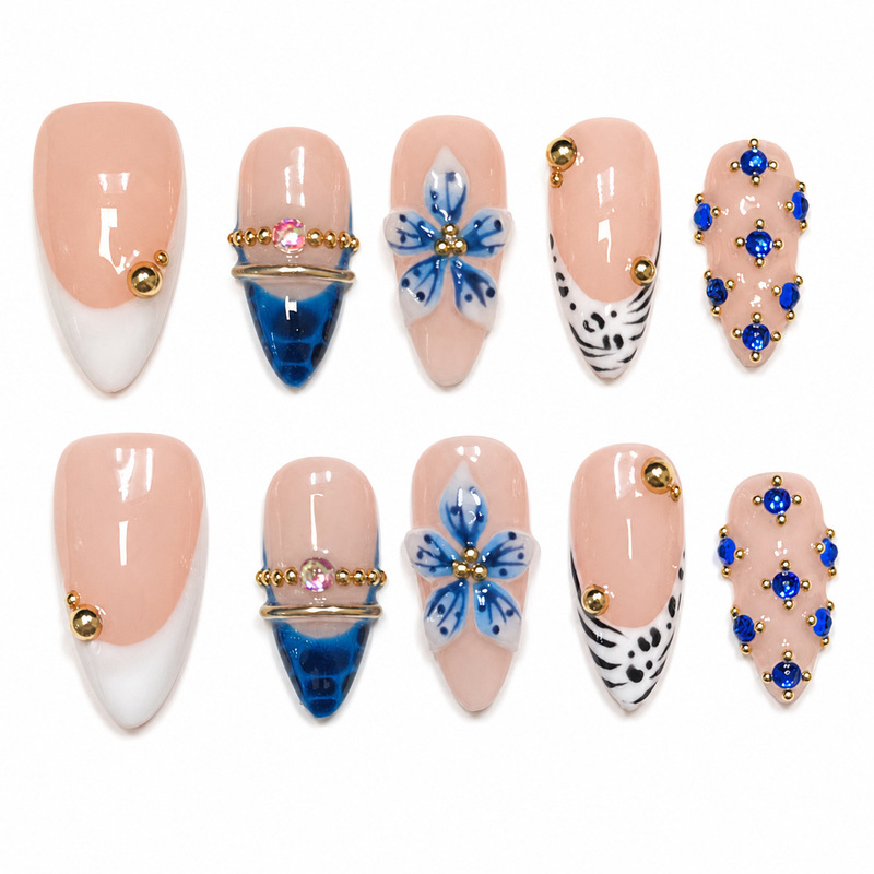 Handmade Nude and Royal Blue French Long Pointed False Nails with 3D Floral Zebra Pattern and Blue Rhinestones, 10-Piece Set, Custom Wholesale Handmade Nude and Royal Blue French Long Pointed False Nails with 3D Floral Zebra Pattern and Blue Rhinestones, 10-Piece Set, Custom Wholesale