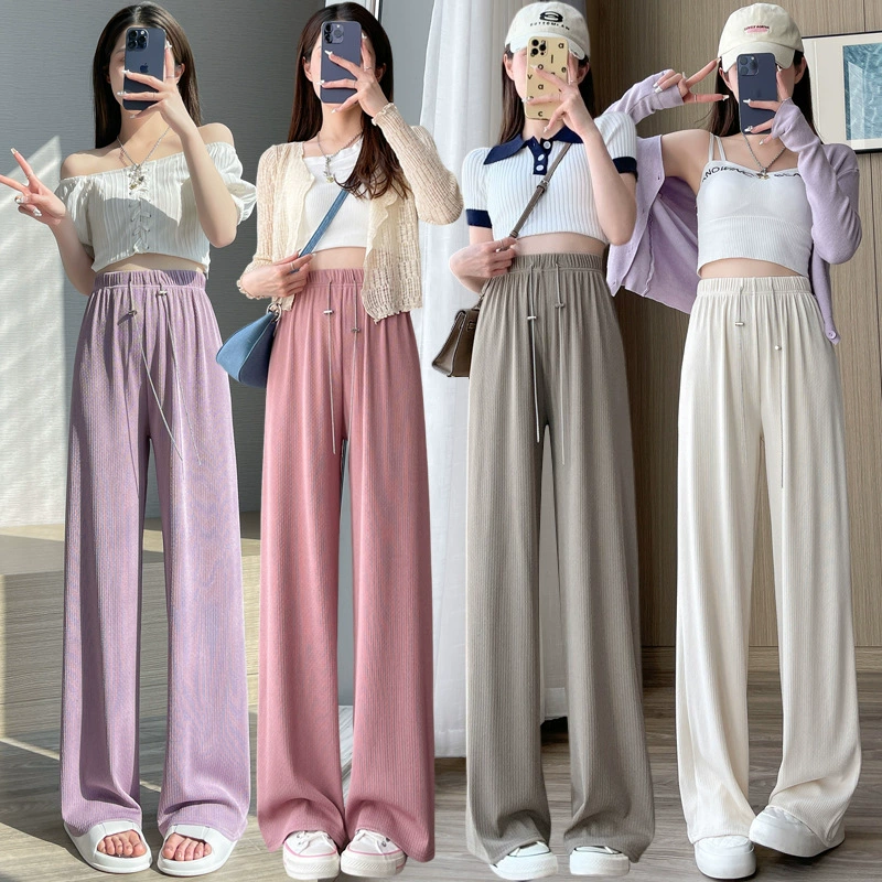 Женские широкие брюки из ледяного шелка, весна-лето 2023, новые универсальные узкие брюки с высокой талией, драпированные прямые повседневные брюки длиной до пола