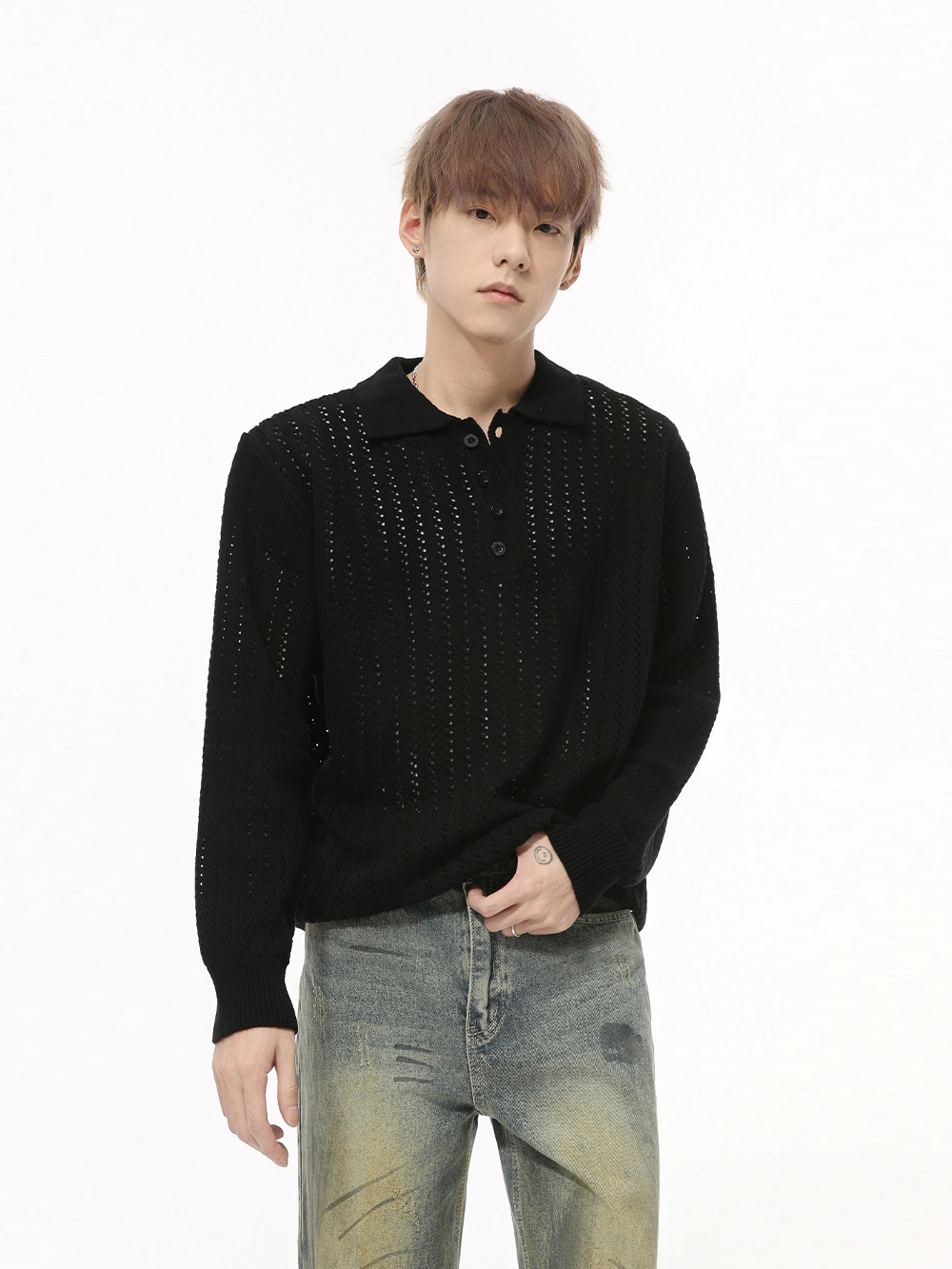 MTLCLOTHES Hombres| Nuevos productos de otoño con solapa coreana de color plano agujero de punto polo camisa casual