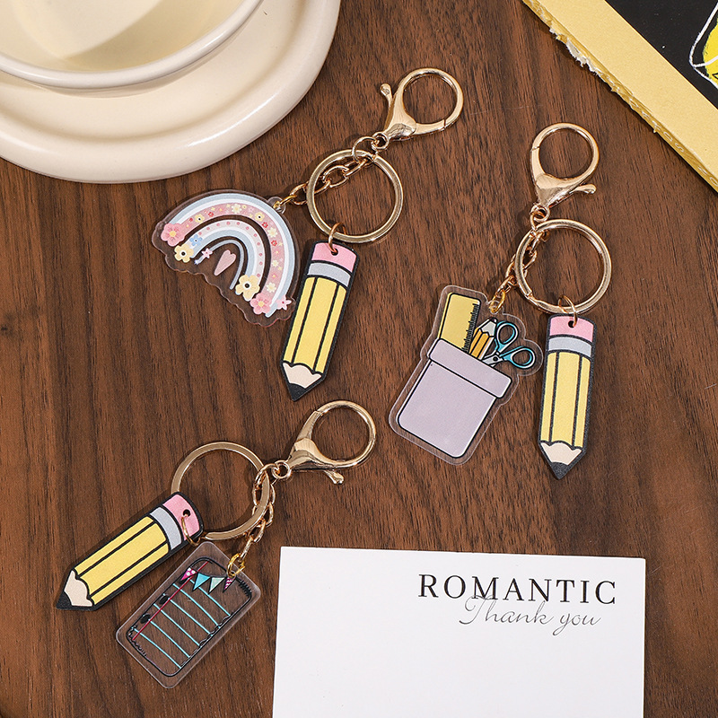 2025 Cross-Border Wood Chip Rainbow Pencil Keychain Double-Sided Wooden Earrings Graduation Season Student Keychain