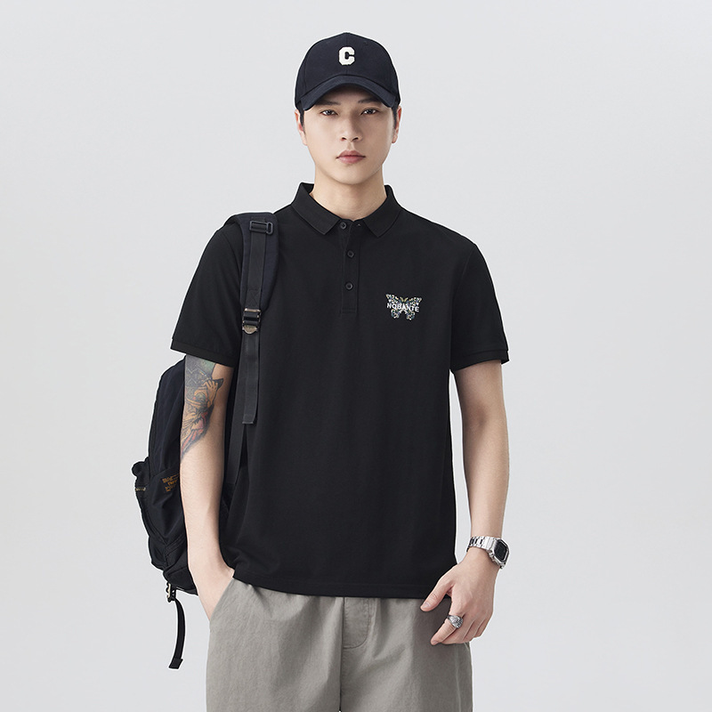 Summer American-Style Polo Shirt Short-Sleeved Butterfly Floral Design Top Black Black Summer American-Style Polo Shirt Short-Sleeved Butterfly Floral Design Top Black Black