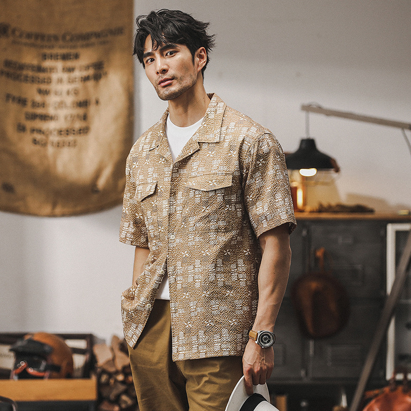 American Short-sleeved Shirt Men's 2024 New Summer Duffian Shuai Cuban Collar Shirt Men's Large Size Work Jacket Men's Clothing