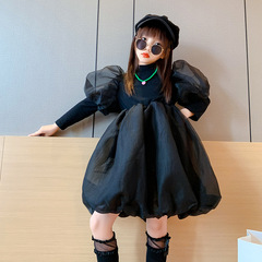 女童連衣裙春秋長袖2022新款大童時髦裙子秋裝兒童泡泡袖蓬蓬裙潮