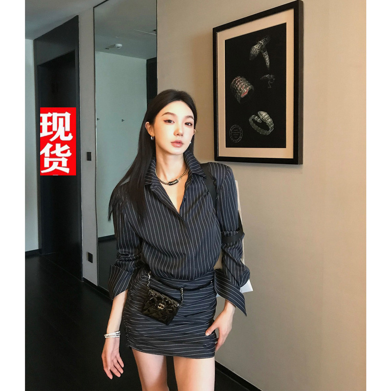 Ouyang Striped Long-sleeved Shirt dress Women's Autumn New Waist Slim-fit Slimming Retro Hip Skirt Ouyang Striped Long-sleeved Shirt dress Women's Autumn New Waist Slim-fit Slimming Retro Hip Skirt