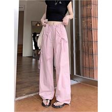 【专供东南亚】美式运动裤女高腰直筒蝴蝶结休闲卡其色速干工装裤