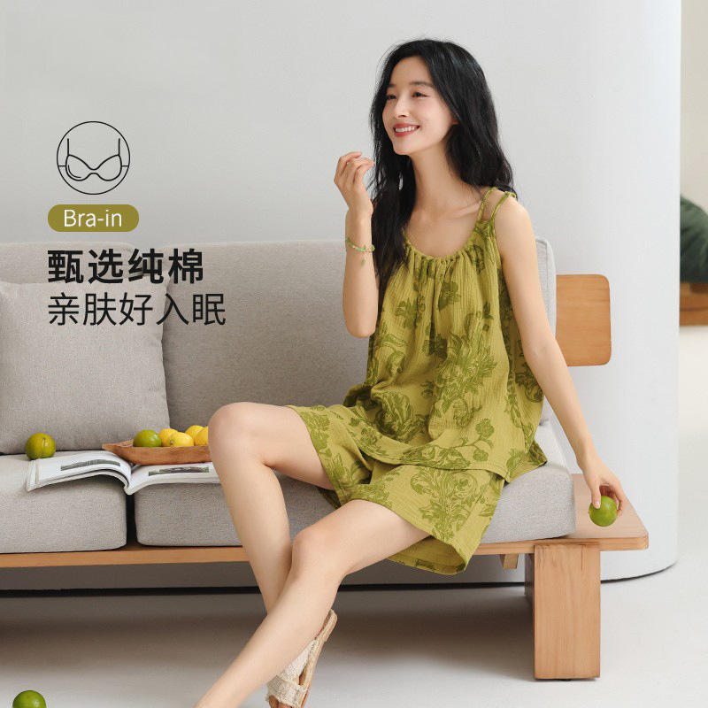 Pajamas with Chest Pad Women's Summer Thin Pure Cotton Gauze Sling Shorts Summer Sexy Pure Desire Outer Wear Home Clothes