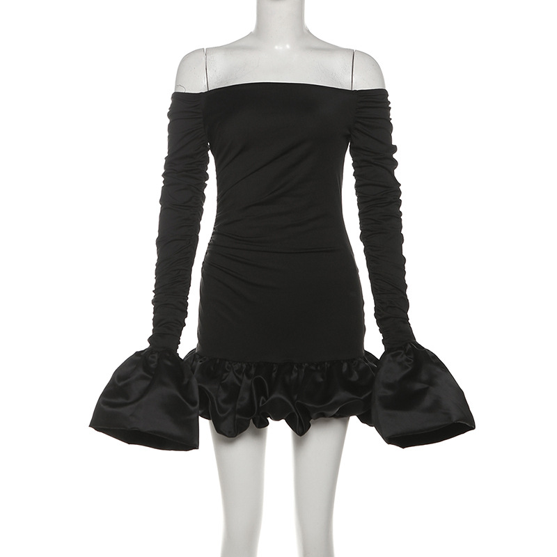Winter Women Clothing Sweet Fresh off Neck Tube Top Puffed Sleeves Pleated Short Dress