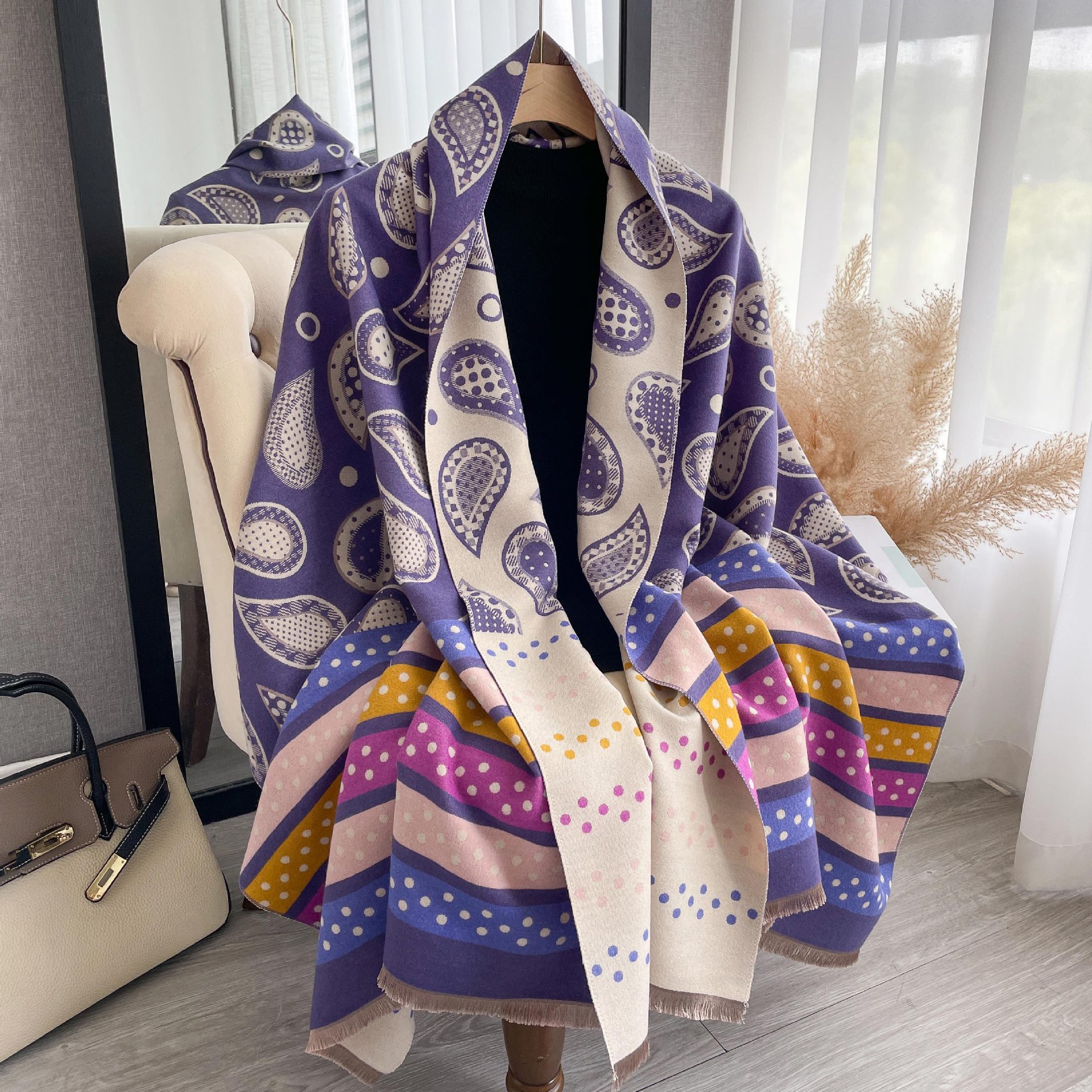 Nueva moda gruesa caliente chal de doble cara colorido a rayas Flor de anacardo Otoño e Invierno Cachemira-como bufanda larga para las mujeres