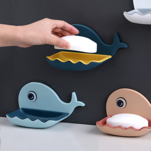 小鲸鱼肥皂盒 创意免打孔浴室双层沥水肥皂架 卫生间壁挂式置物架