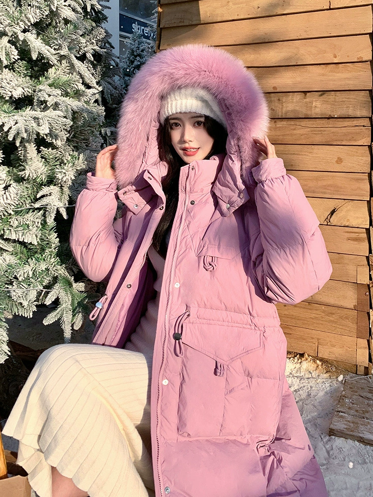 Пуховик, длинный с капюшоном, корейский стиль, plus size