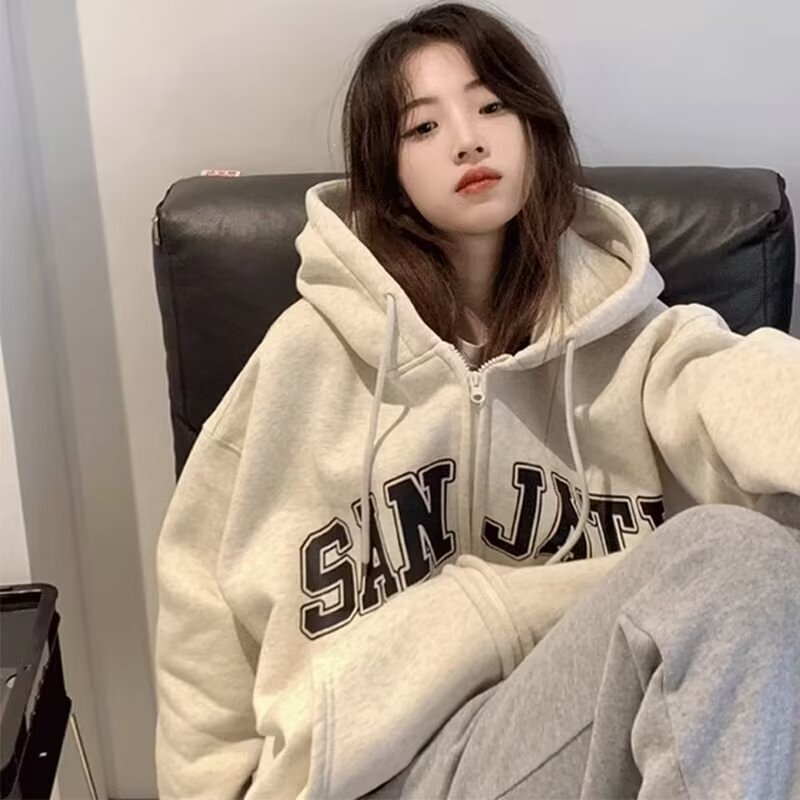 Retro Chinese-style fleece-lined cardigan hooded sweatshirt for women, new autumn and winter zip-up loose casual couple's sweatshirt jacket