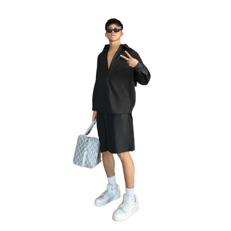Oversize Men's Wide Loose Casual Long-sleeved Shirt Shorts Fashion suit