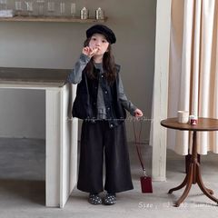 韩版童装秋款女童洋气条纹T恤衫pu马甲夹克儿童时髦皮衣外套