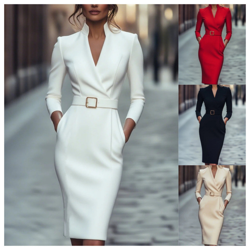 Independent Station Cross-Border 2025 European and American Autumn New French Style Socialite Waist-Cinching Hip-Hugging Long-Sleeve Dress