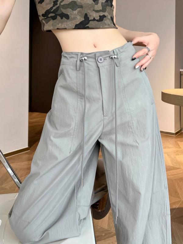 2025捡漏灰色工装裤女夏季薄款高腰宽松速干伞兵裤阔腿运动弯刀裤|undefined