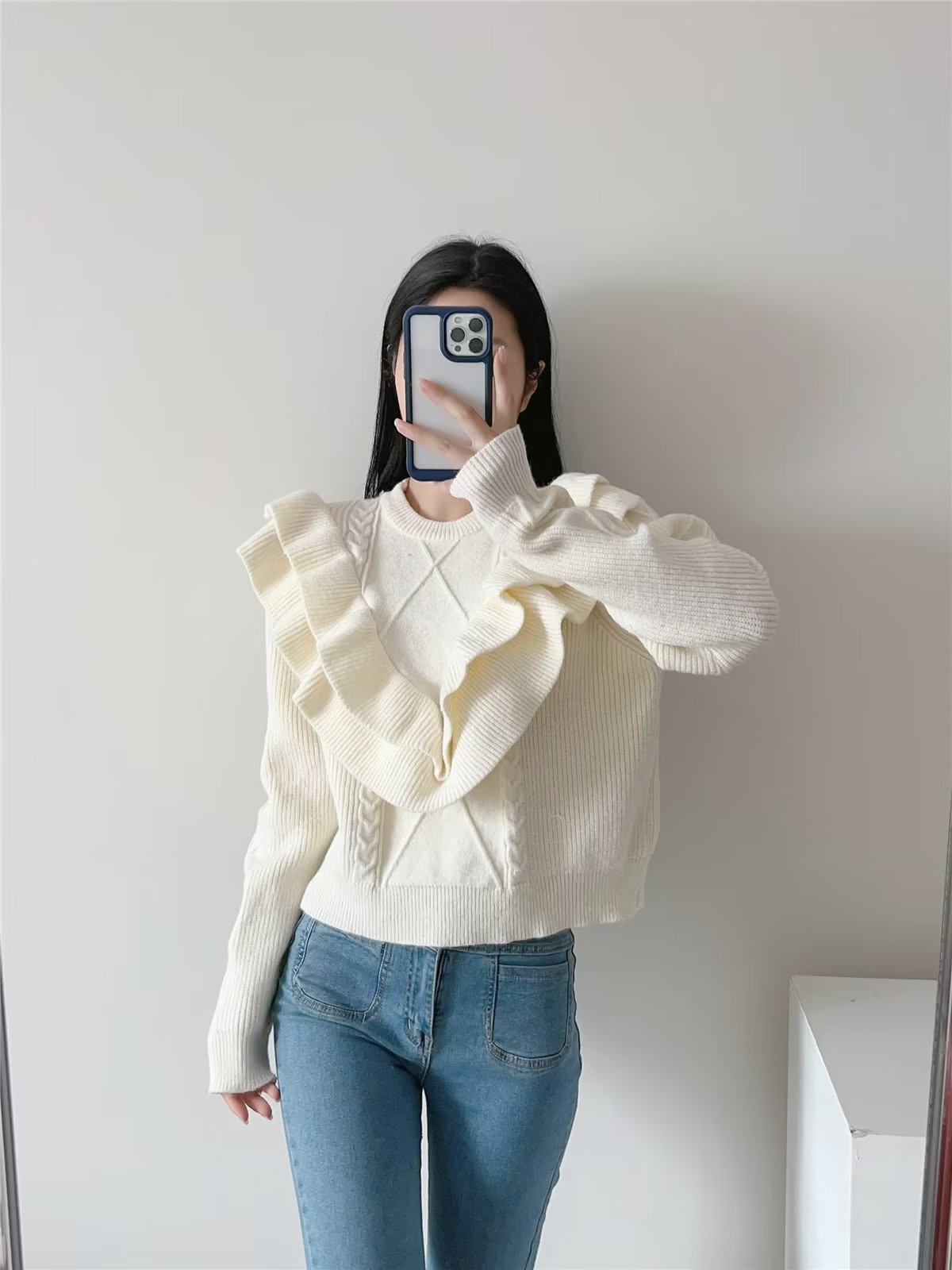 solid color long sleeve stitching ruffle trim sweater NSAM139060