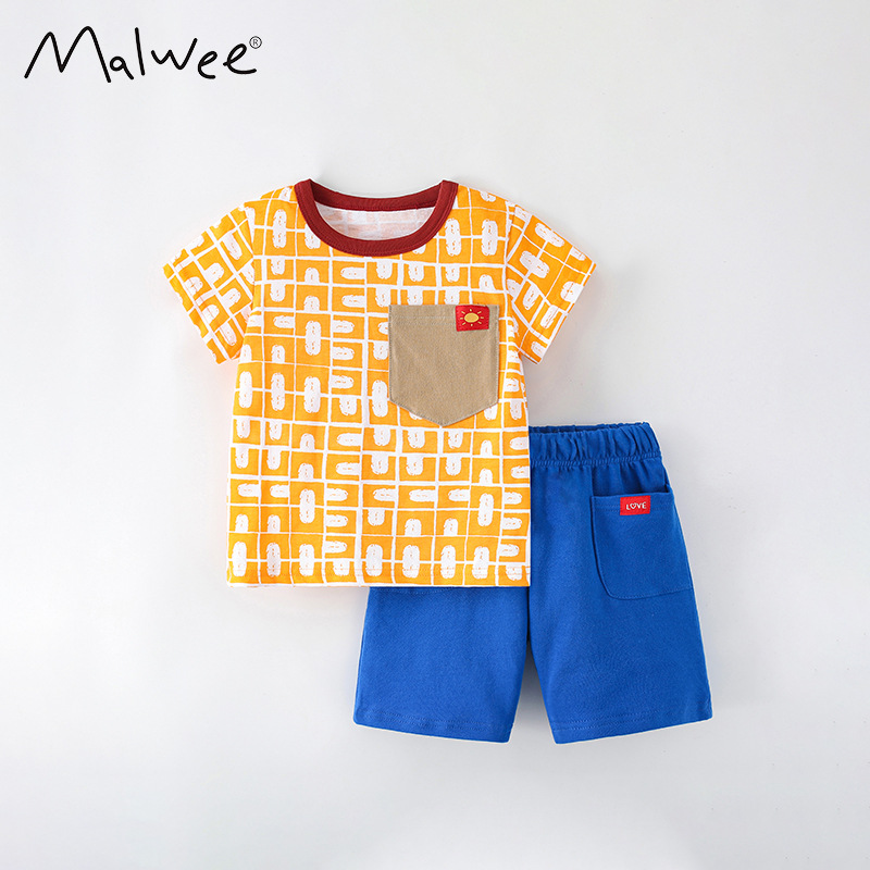 Malwee traje de verano para niños nuevos europeos y americanos Camiseta de manga corta pantalones casuales traje de dos piezas para niños