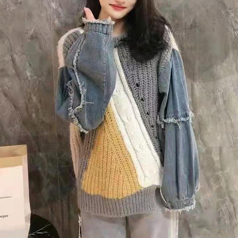 牛仔拼接麻花新款毛衣女2023春秋套头上衣显瘦气质宽松针织衫女装|undefined