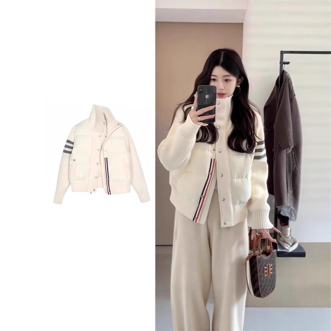 轻薄白色休闲羽绒棉服女2025秋冬新款短款毛线袖立领保暖拼接外套
