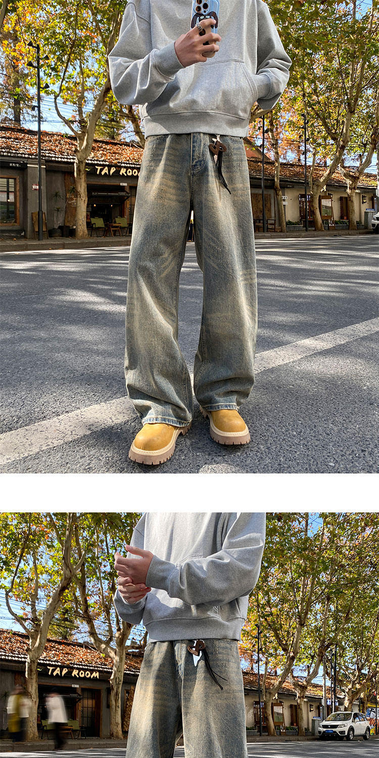 Men's Retro Distressed Cement Yellow Wide Leg Jeans High Waisted Loose Fit Slimming Straight Leg Jeans New Style Machine Washable_mkmklike.com