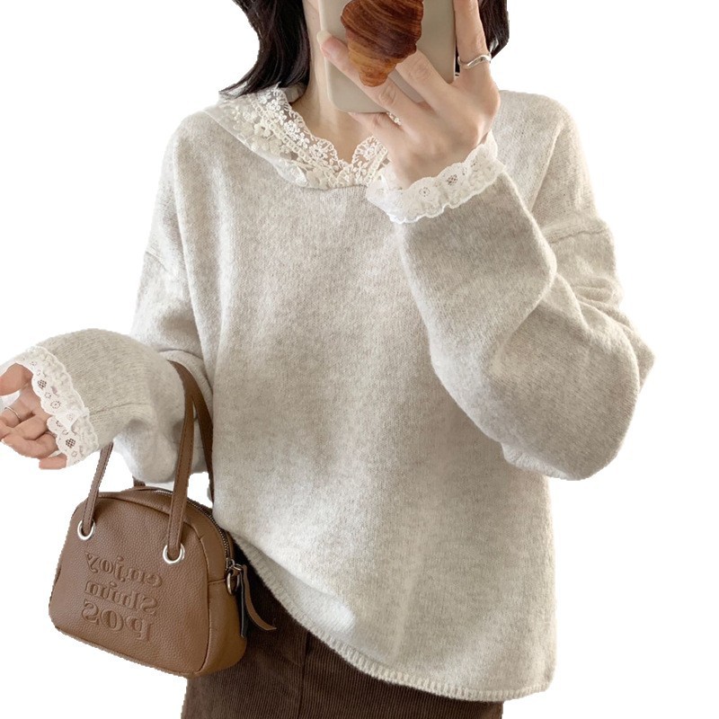 蕾丝拼接连帽长袖针织衫女2025新款秋装纯欲设计感别致宽松毛衣潮|undefined