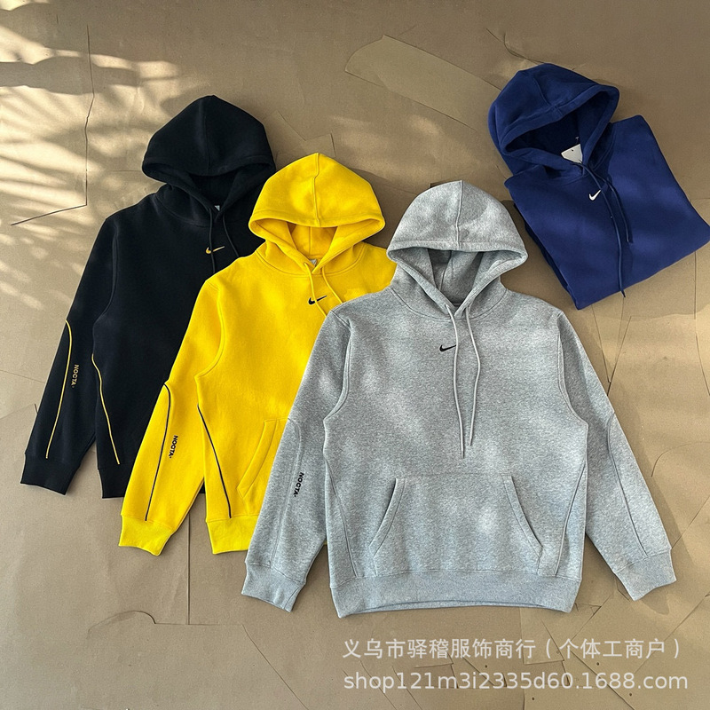 Men's Sweatshirt Autumn and Winter Nk Stereo Silicone Printing Nocta Large Body Dental Floss Reflective Technology Fleece-Lined Hooded Sweatshirt