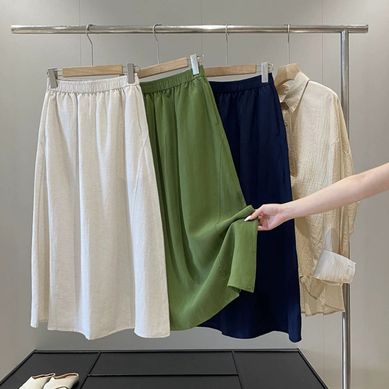 High cost-performance! Elastic waist, Lyocell-linen blend, elastic high-waist A-line skirt that covers the hips and is slimming High cost-performance! Elastic waist, Lyocell-linen blend, elastic high-waist A-line skirt that covers the hips and is slimming