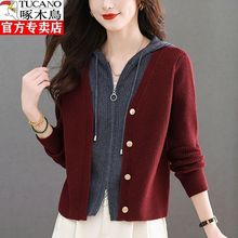 连帽羊毛衫春秋新款假两件针织开衫女毛衣时尚外搭