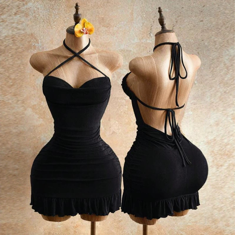 Sensual Bodycon Mini Dress With Ruffle Trim, Backless Halter Neck, And Waist-Gathering Pleats For A Flattering Fit_ecoleips.com