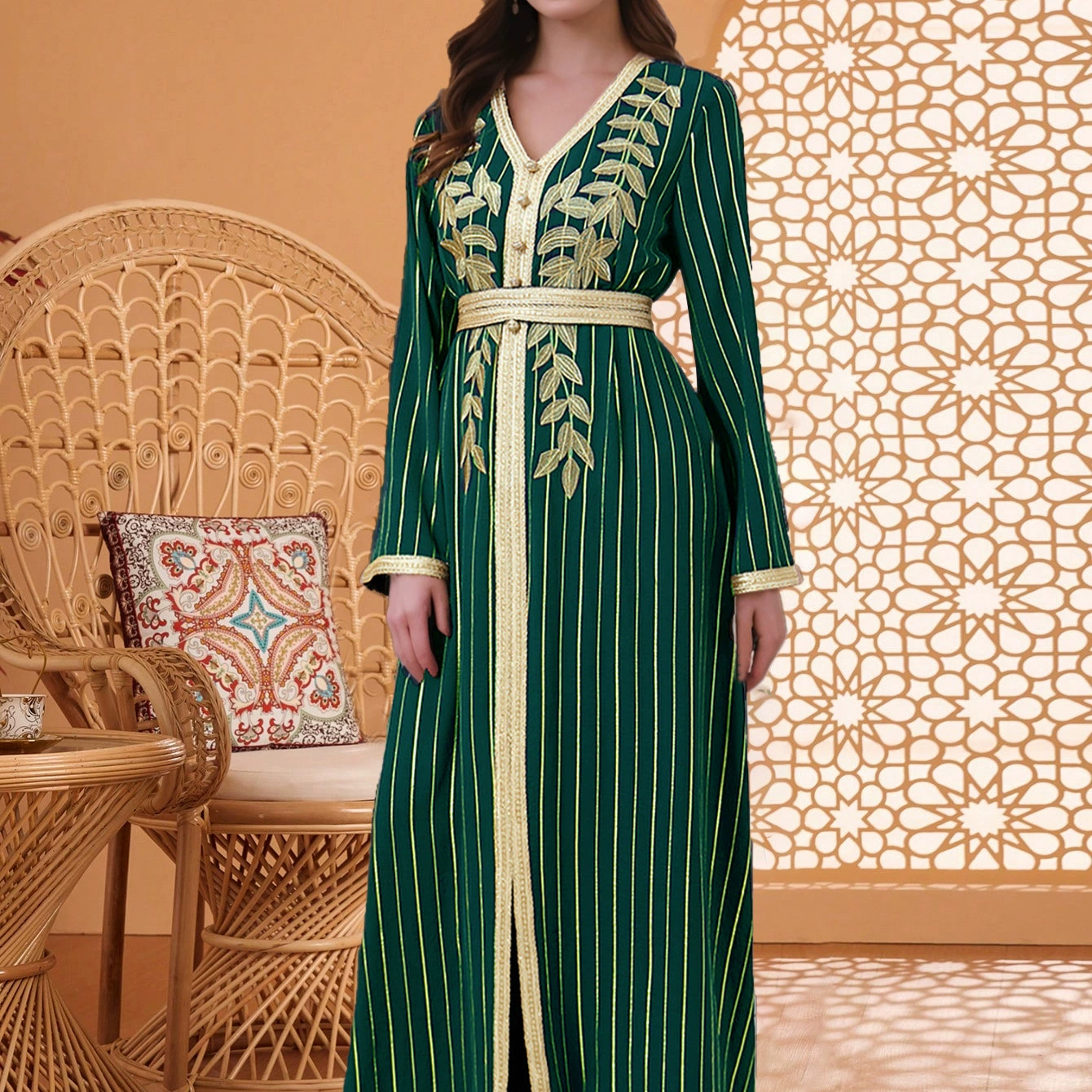 Мусульманская одежда для женщин Ближнего Востока, Саудовская Аравия, Дубай, вышитое цветочное платье, пояс с золотой каймой, халат, абайя, в наличии