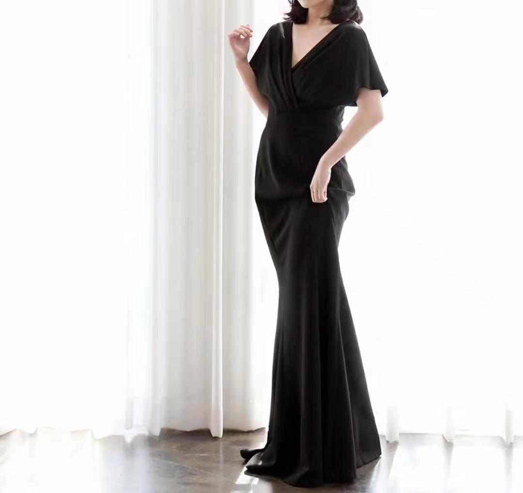 Comercio exterior europeo y americano Amazon AliExpress deseo vestido de noche de las mujeres negro v-cuello largo piso-longitud elegante vestido de noche