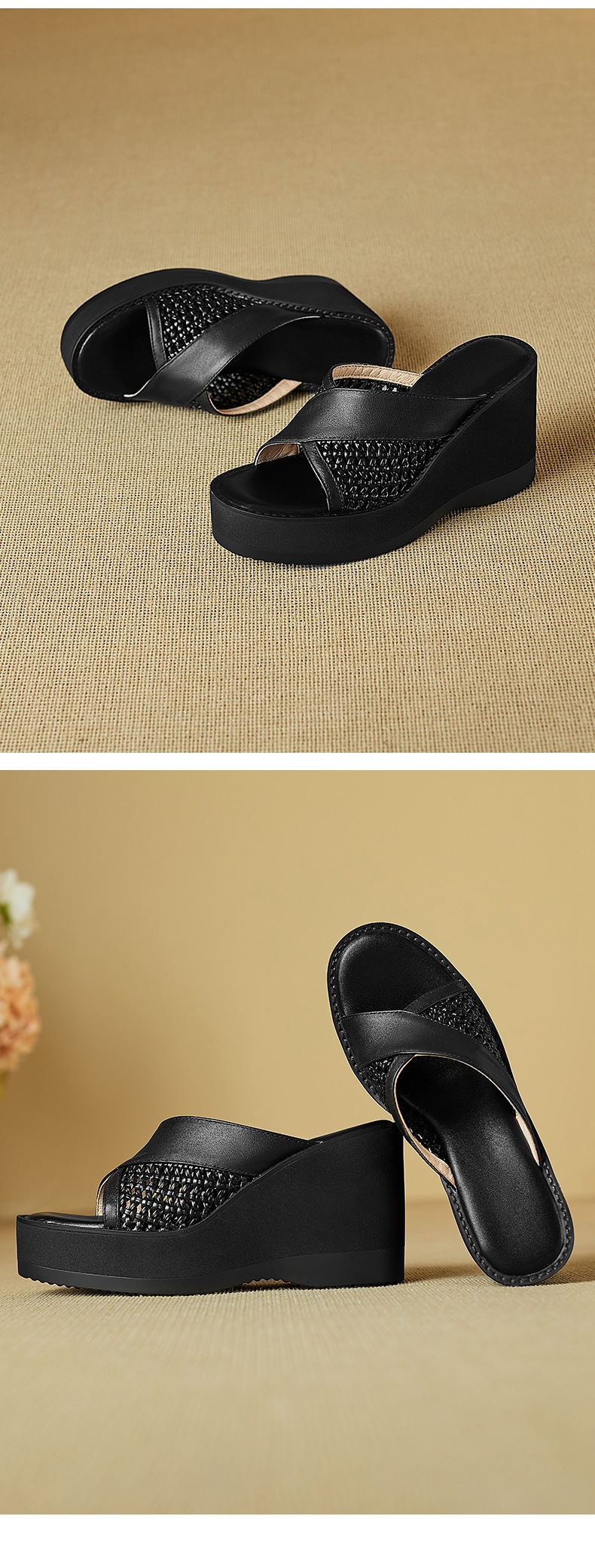 Sandal cao gót nữ mũi cá dày đế xuồng, chất liệu da bò đầu, thiết kế đan rỗng quai ngang — đen chi tiết 11