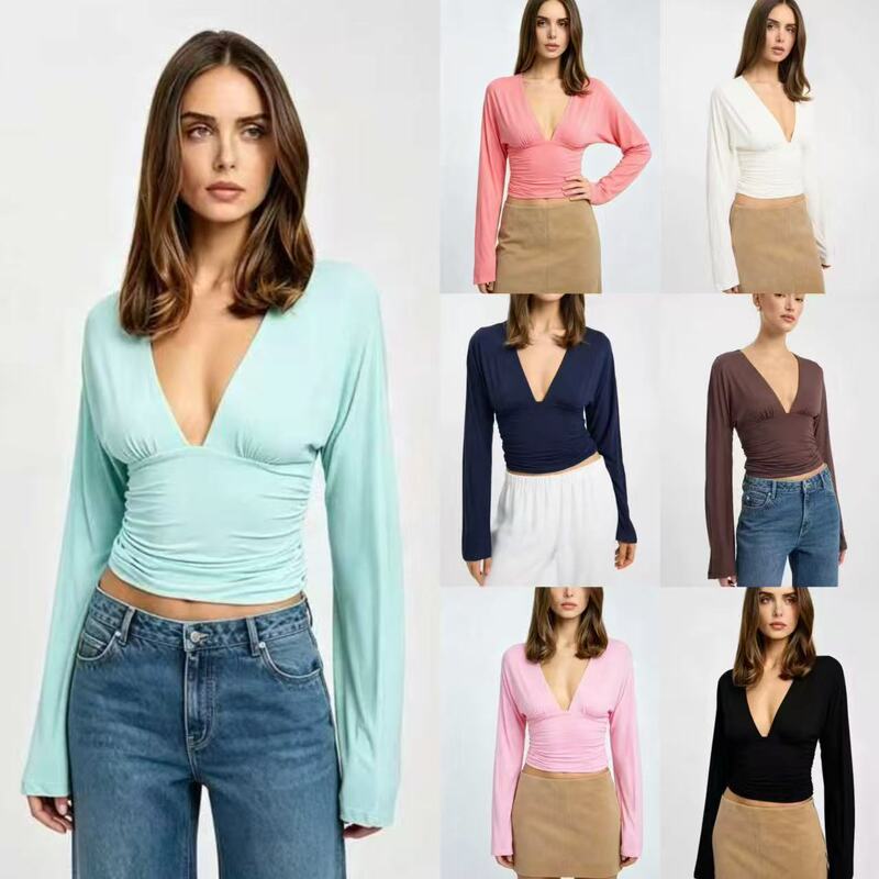 2026 European and American style foreign trade cross-border women's V-neck long-sleeve top with back tie, stretchy slim-fit, slimming hot girl T-shirt 2026 European and American style foreign trade cross-border women's V-neck long-sleeve top with back tie, stretchy slim-fit, slimming hot girl T-shirt