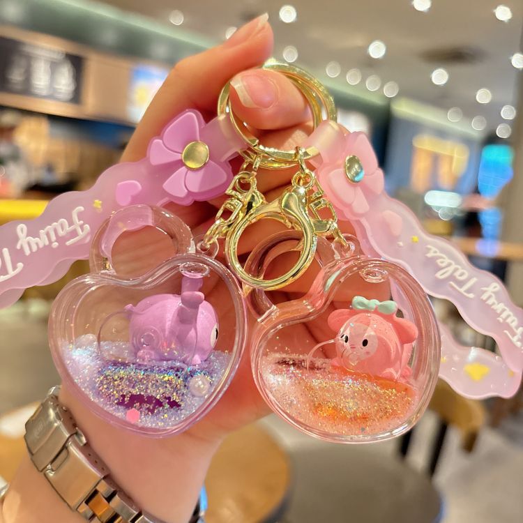 Cartoon oil love lock Sanrio quicksand bottle keychain cute car key chain bag pendant small gift